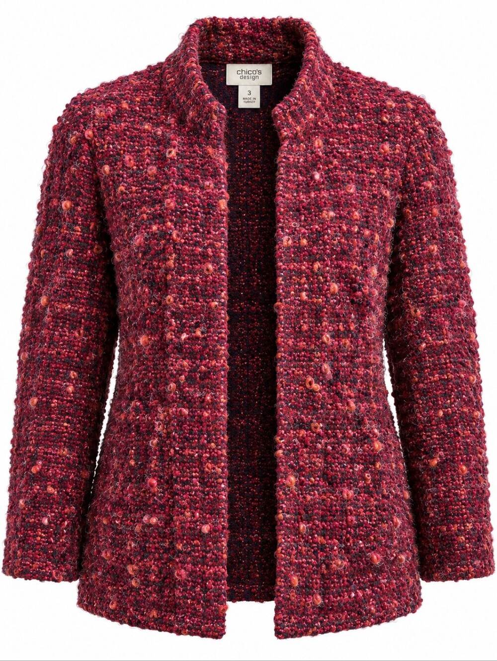 CHICO'S DESIGN | Burgundy Boucle Fuzzy Wool Blend Open Jacket Pockets | XL
